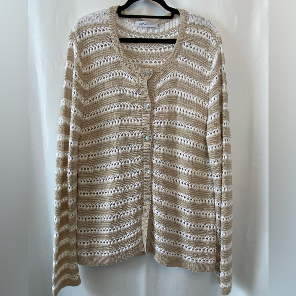 Skovhuus Women's Neutral Striped Open Knit Button Front Cardigan XXL Grannycore